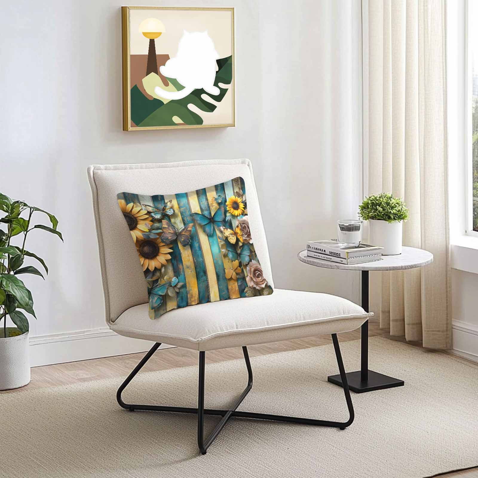Outdoor Throw Pillows Covers 18X18 Set of 2 Waterproof Vintage Decorative Zippered Cushion Covers for Patio Furniture, Butterfly Sunflower Rose Striped Lumbar Pillowcases Yellow Blue
