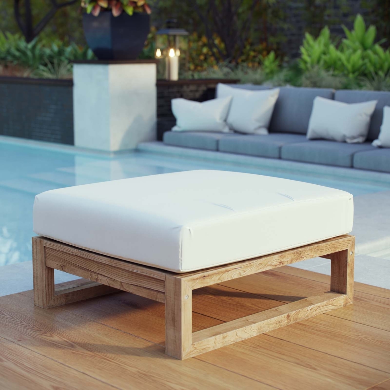 Modway Upland Outdoor Patio Teak Ottoman in Natural White - image 4 of 4