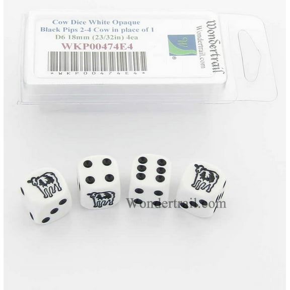 Cow Dice D6 White Opaque with Black Pips 18mm (23/32in) Set of 4 Dice
