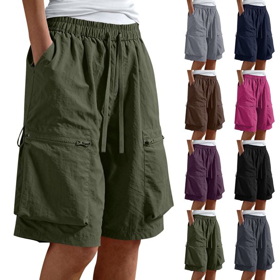 Women's Quick Dry Cargo Shorts with Pockets, Mid High Waisted Drawstring Elastic Waist, Loose Fit for Outdoor Hiking & Travel, Woven Fabric for Summer Sports & Casual Wear