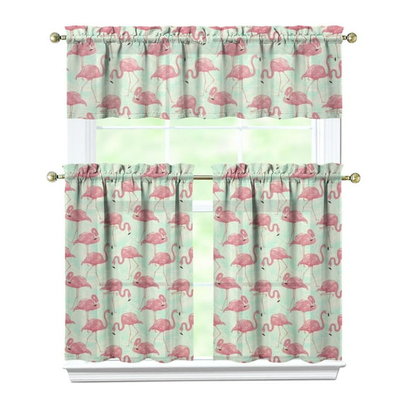 Kitchen Curtains 36 Inch Short - 3 Panel Set, Flamingo Tropical Bird Print, Rod Pocket Window Curtain, 100% Polyester for Hawaiian Summer Beach Decor, Easy Wash