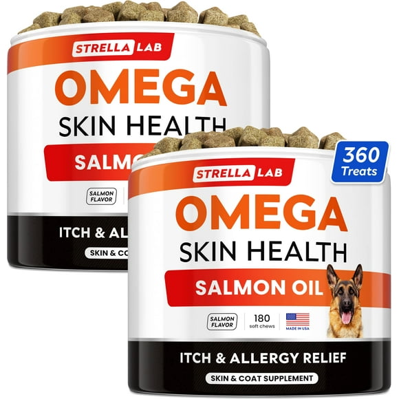 STRELLALAB Omega 3 for Dogs - (360Ct) Fish Oil Treats - Allergy & Itch Relief Skin&Coat Supplement - Dry Itchy Skin, Shedding, Hot Spots Treatment, Anti Itch -
