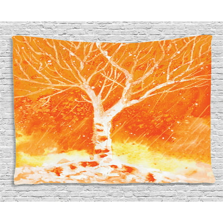 Fall Tree Decor Tapestry, Murky Original Hand Drawn Painting with Birches and Rain Drops Hazy Habitat, Wall Hanging for Bedroom Living Room Dorm Decor, 60W X 40L Inches, Orange, by