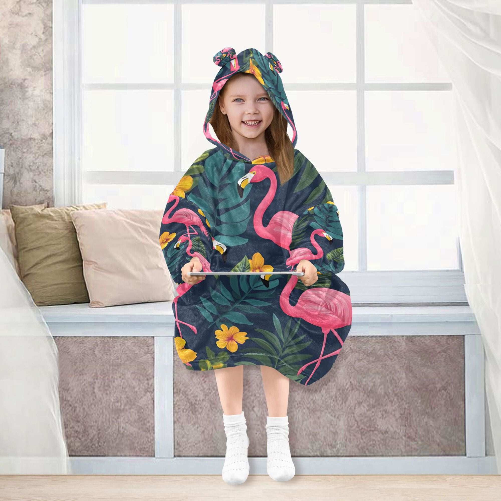 FORMRS Wearable Blanket Hoodie with Sleeves for Kids Cozy Flannel Sweatshirt, Yellow Floral Flamingo
