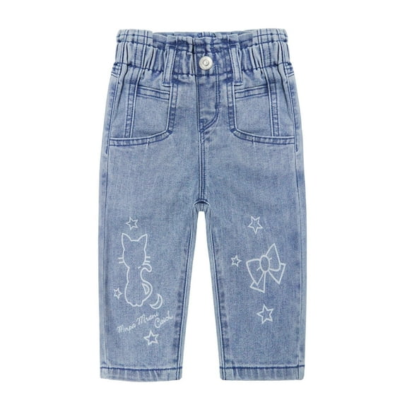 KIDSCOOL SPACE Baby Little Girl Jeans,Paperbag Elastic Waist Cute Printed Denim Pants,Light Blue,3-4 Years