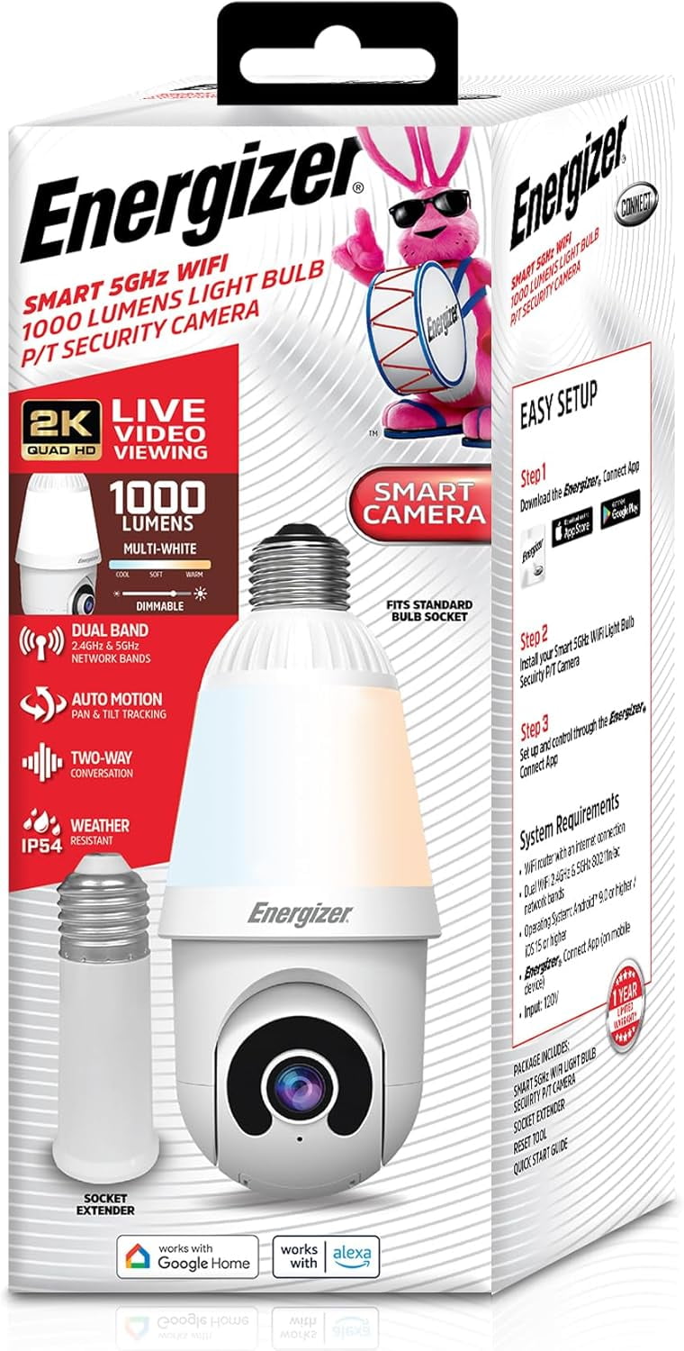 Energizer 1000 Lumens Light Bulb Camera, 2K Outdoor Smart Home Security Camera w/ Auto-Motion, White