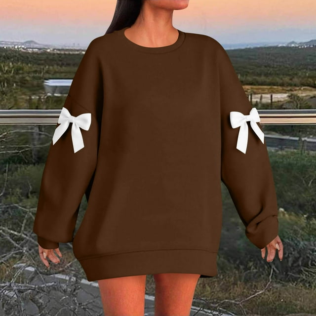 Timegard Chandails en Molleton Grande Taille pour Femmes Col Rond Manches Longues Chandail Mignon Ample Nœud Papillon Hauts Surdimensionnés