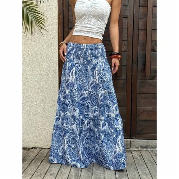 Color 4 Women Blue And White Paisley Printed Boho Tiered Maxi Skirt With Smocked Waist