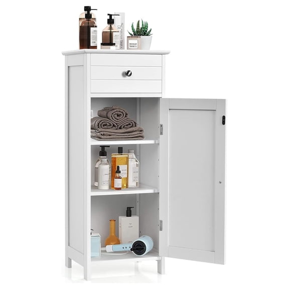 Small Bathroom Storage Cabinet,Single Door Narrow Storage Cabinet Organizer w/Drawer & 3-Level Adjustable Shelves,Bathroom Cabinets Freestanding w/Anti-Tipping Device for Living Room Toilet