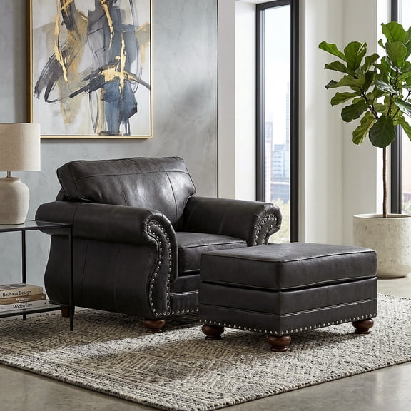 Roundhill Furniture Leinster 2-Piece Living Room Set, Chair and Ottoman, Black