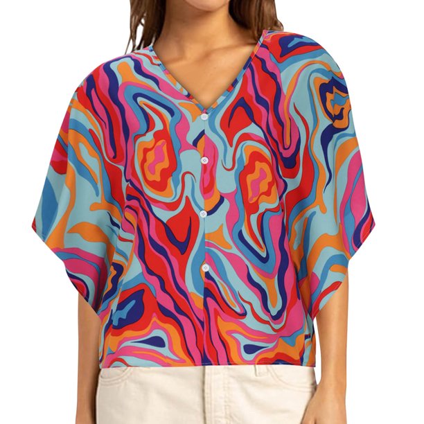 Fiudx Camisas para Mujer Blusa Informal de Manga Corta con Cuello En V y Botones Estampados para Mujer a La Moda
