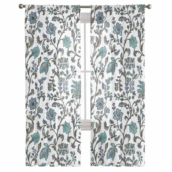 Boho Leaf Semi Sheer Curtains 108 Inch Length 2 Panels Set, Teal Green Spring Farmhouse Pastoral Tribal Sheer Kitchen Curtain Privacy Voile Window Curtain for Living Room Bedroom Rod Pocket Drapes