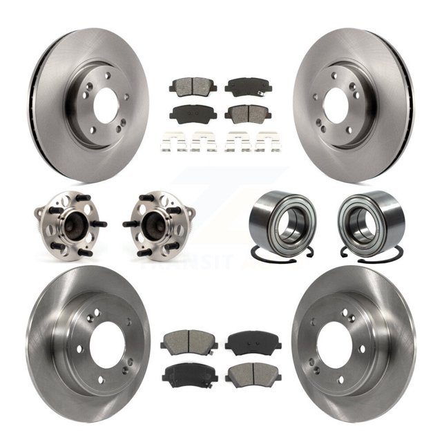 Transit Auto Front Rear Wheel Hub Bearing Assembly Disc Brake Rotors and Semi-Metallic Pads Kit (10Pc) for Car 2014 Kia Forte SX with 15" Factory Wheels - Left Right Side (Driver Passenger) KBB-106796