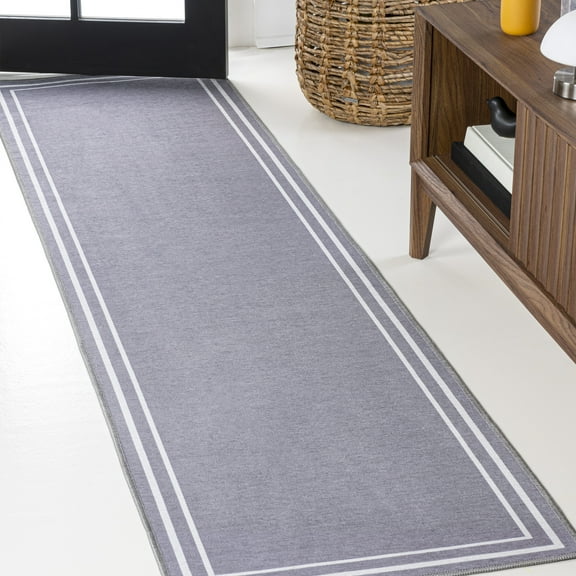 JONATHAN Y WASHABLE 2 x 8 Runner Rug, Sloane 2-Stripe Border Washable - Gray/Cream, WSH125A-28