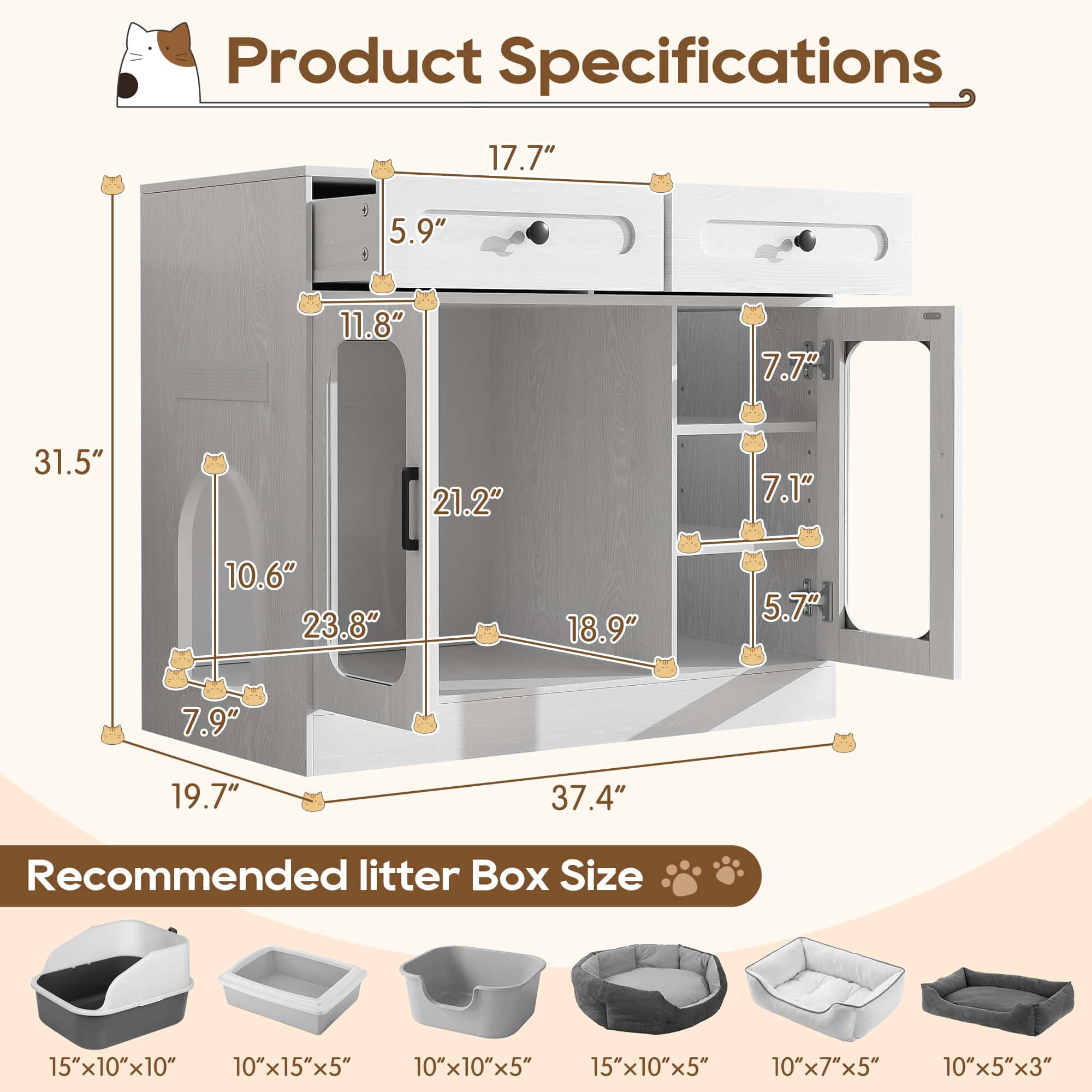 Cat Litter Box Enclosure with Glass Door and Side Access, Hidden Kitty Cabinet with Storage Drawers and Built-in Light, Indoor Cat House Side Table, White