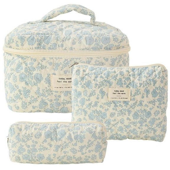 BadyminCSL 3 Pcs Cotton Quilted Makeup Bag Set Floral Cotton Cosmetic Bag Toiletry Travel Organizer Bag for Women Girls
