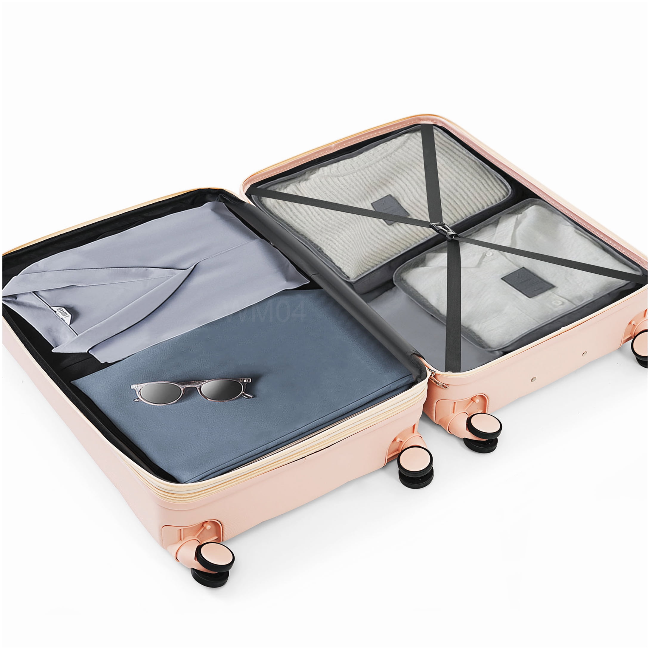 3-Piece ABS Hard Shell Spinner Luggage Set, Pink Suitcase with Built-In Cup Holder, Airline Approved