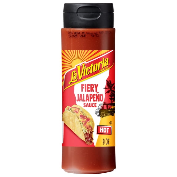 LA VICTORIA Fiery Jalapeño Sauce Hot, Shelf Stable, 9oz Plastic Bottle