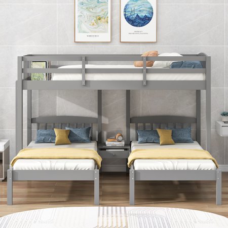 Wood Twin over Twin & Twin Triple Bunk Bed with Built-In Nightstand  3 Bed Bunk Bed for Kids  Boys & Girls (Gray)