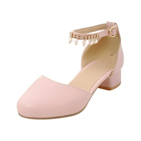 

Fimkaul Girls Sandals Mary Jane Dress Pumps Low Heels Flower Party High School Prom Grils Dress Shoes Pink