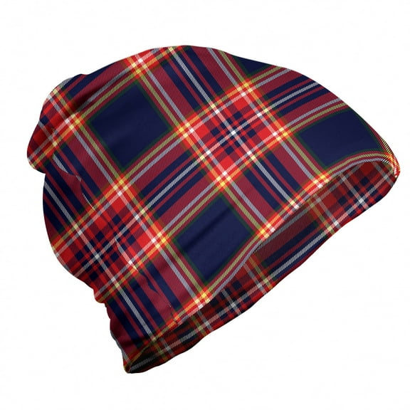 Plaid Unisex Beanie, Vivid Cultural Pattern, Hiking Outdoors, Multicolor, by Ambesonne