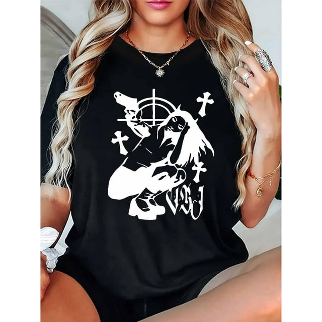 Women's Fashion Casual Round Neck Short Sleeve T-Shirt, Polyester Knit, Comfortable Summer Top with Graphic Print, All-Season Ladies Leisure Sportswear