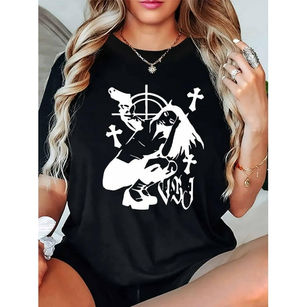 Women's Fashion Casual Round Neck Short Sleeve T-Shirt, Polyester Knit, Comfortable Summer Top with Graphic Print, All-Season Ladies Leisure Sportswear