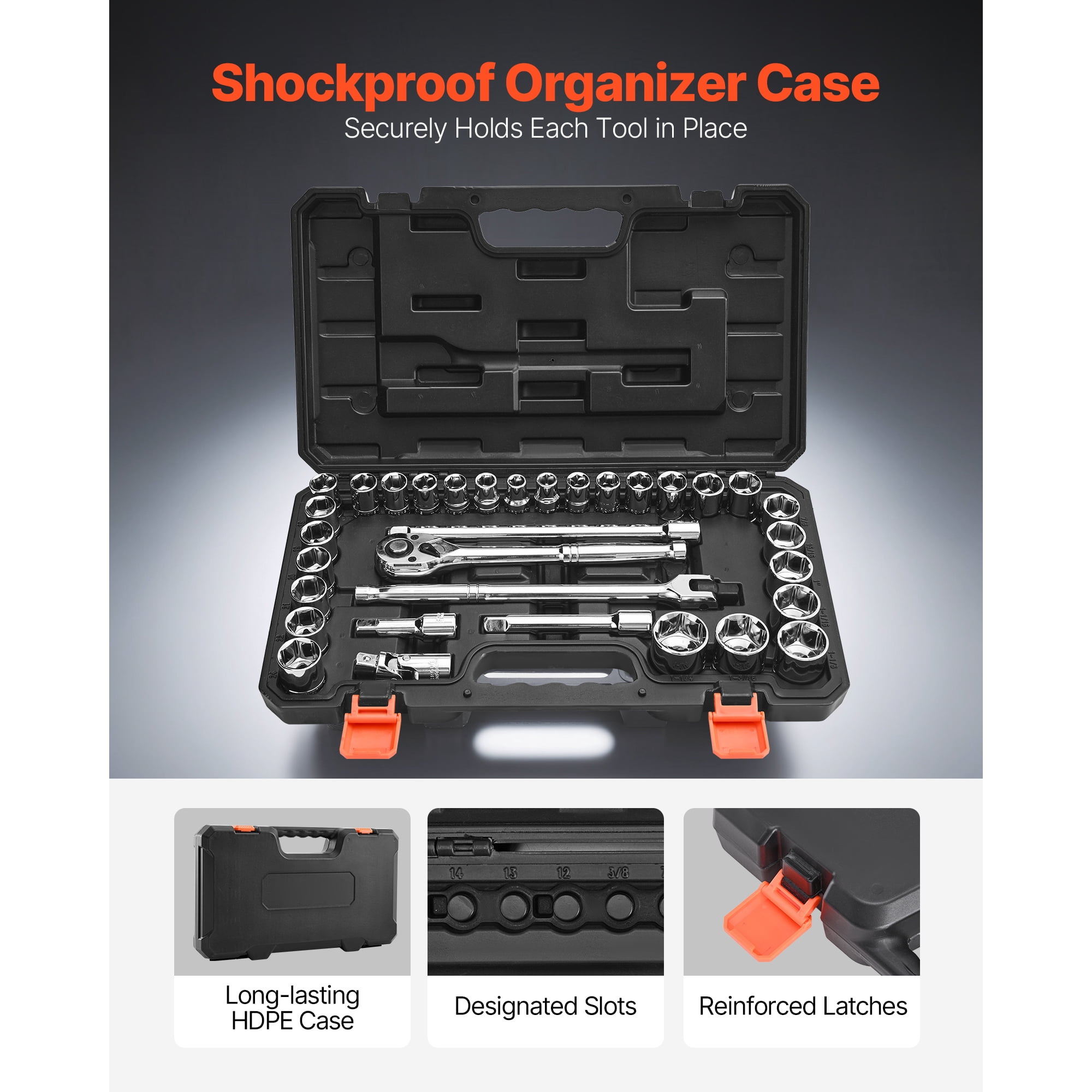 KFFKFF 33-Piece Socket and Ratchet Set, 1/2 Inch Drive, SAE and Metric Sizes, Mechanic Tool Kit with Ratchet Wrench, Extension Bar, and Durable Storage Case, CR-V Steel for Automotive Maintenance