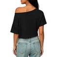 thumbnail image 3 of Womens Off The Shoulder Tops Short Sleeve Solid Crop Tops Casual Loose Summer T Shirt, L, 3 of 5