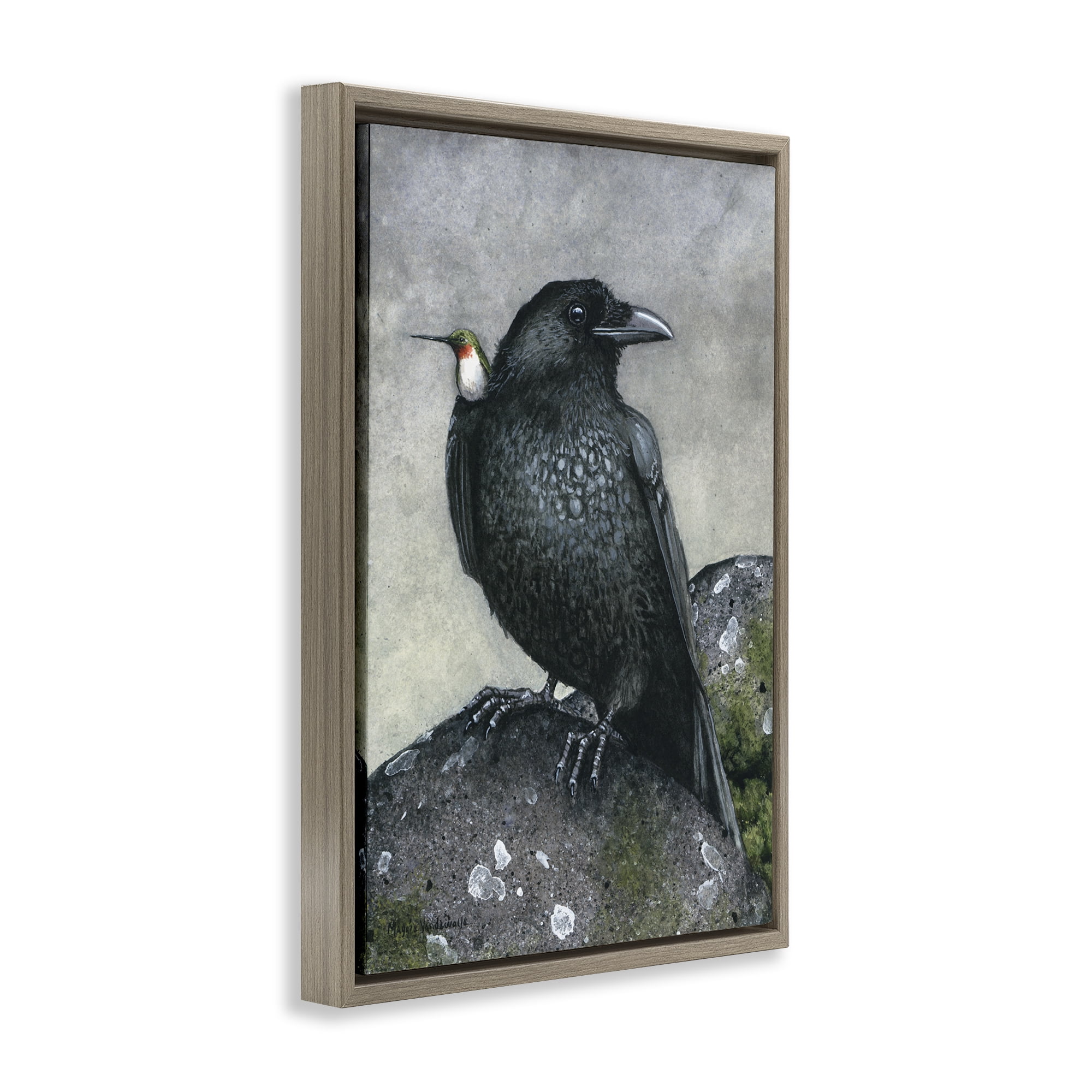 Stupell Industries Crow & Hummingbird Perched Animals & Insects Painting Brown Floater Framed Canvas Art Print Wall Art, 21 x 31