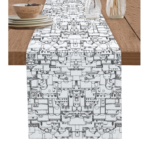 Ldtrchee Black and White Table Runner 72 Inches, Retro Modern City Silhouette Bed Runner Dresser Scarves Tabletop for Indoor Outdoor Parties/Ceremony/Banquet, 13" x 72"