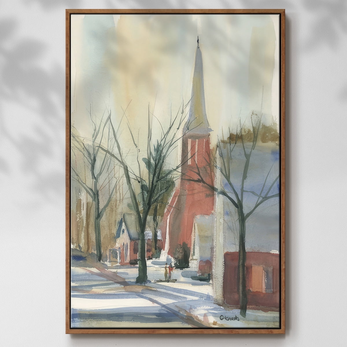 New England Main Street - Framed Gallery Wrapped Holiday Canvas - 17 x 25 - Rosewood Frame