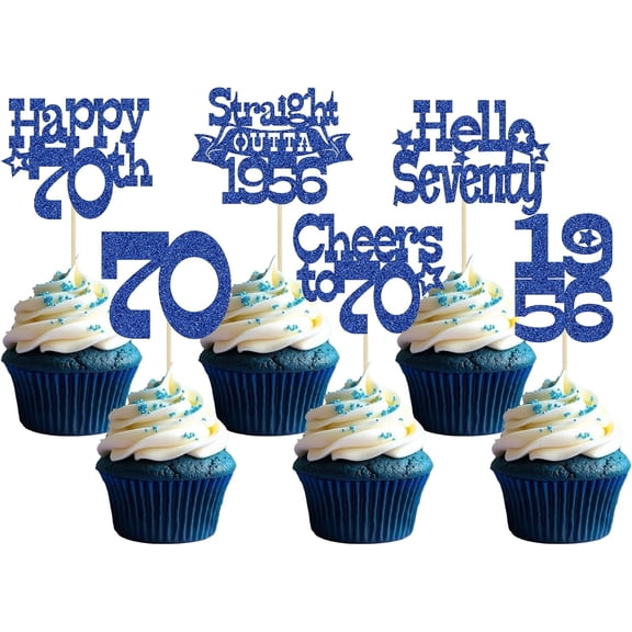 12Pcs Blue Glitter 70th Birthday Cupcake Toppers, "Hello 1956, Cheers to 70" Picks for 70th Birthday Party Cake Decorations