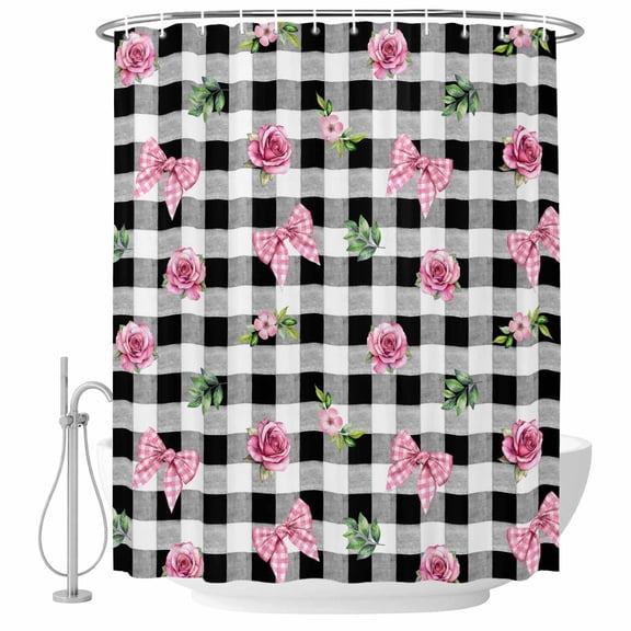 Valentine's Day Shower Curtain, Waterproof Shower Curtains for Bathroom, Spring Roses Pink Bows Black White Plaid Washable Fabric Bathtub Curtain Set Bath Decor with 12 Hooks Stall 36"x72"