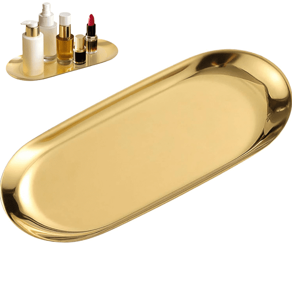 Gold Decorative Tray, Jewelry Dish Cosmetics Organizer, Stainless Steel Serving Trays, Oval, 9x3.7 inch, 1 Pack
