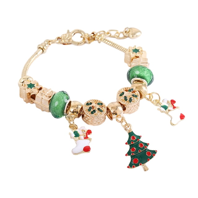 Pulsera navideña para mujer, pulsera colgante con dije de cuentas navideñas, pulsera de cadena de serpiente, regalo de joyería navideña, 21 cm