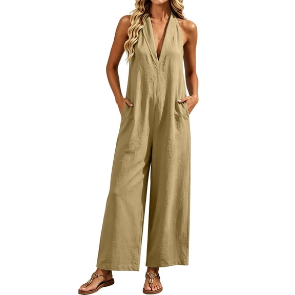 Ahabrexf Summer Casual Jumpsuits for Women, Shoulder-Baring Deep V Neck Wide Leg, Linen Mixed Sleeveless Casual Jumpsuit with Pockets for Vacation