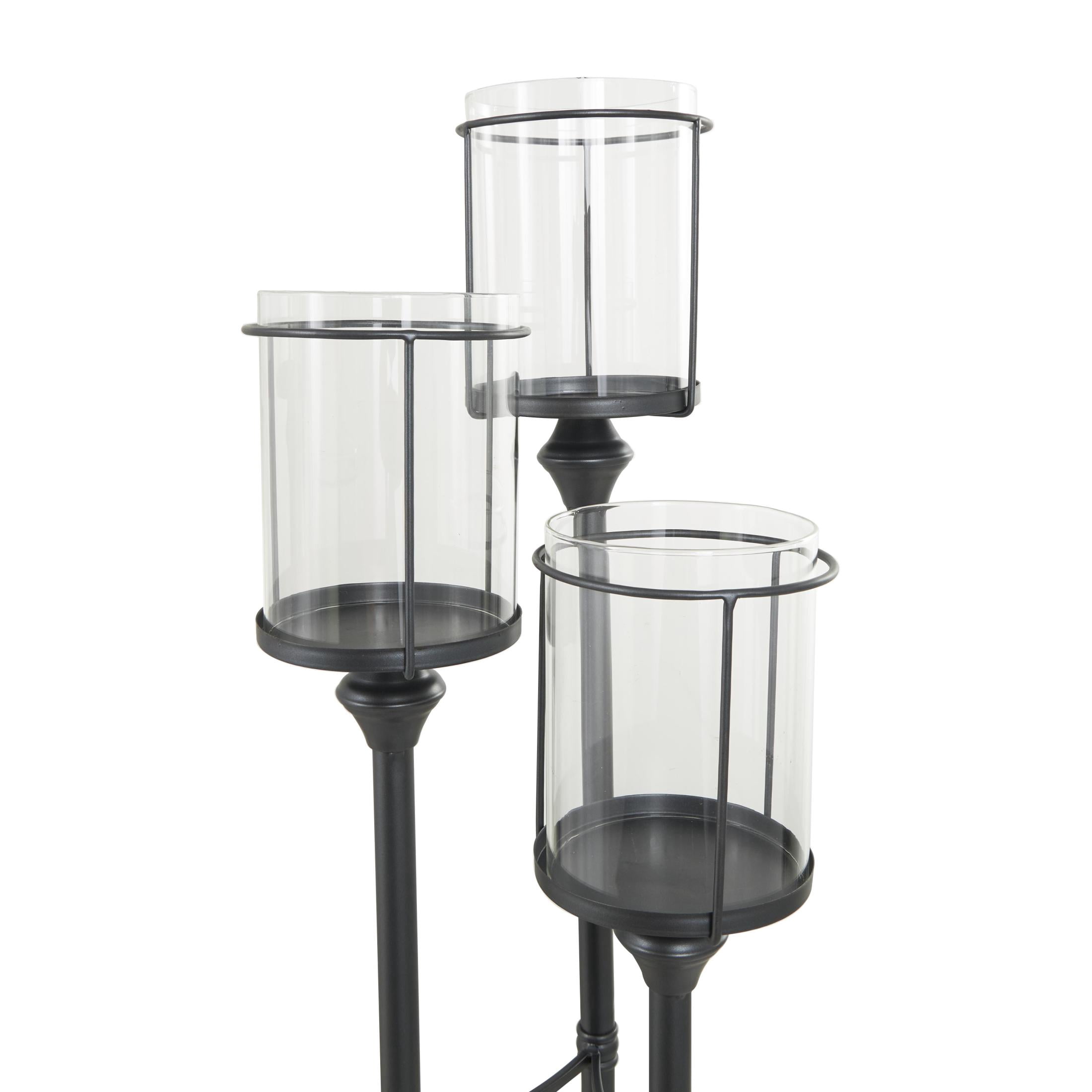 DecMode 3-Slot Black Metal Tall Floor Hurricane Lamp with 3 Posts and Round Base