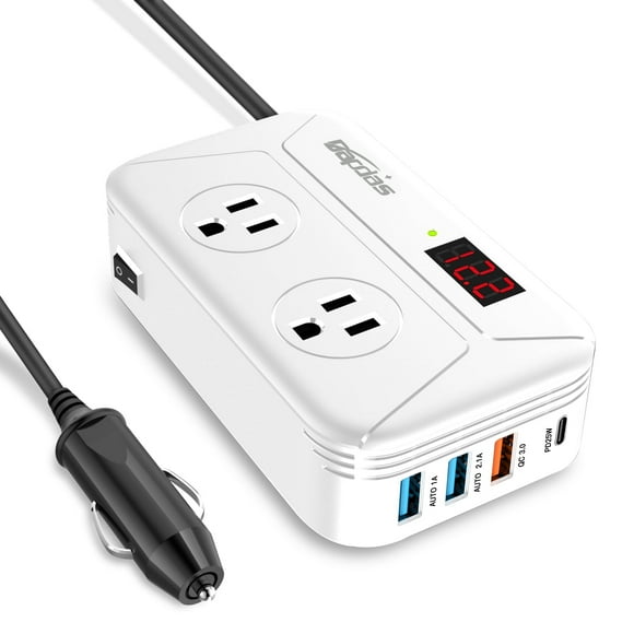 Bapdas Adaptateur de Chargeur de Voiture 200W Onduleur DC 12V vers AC 110V avec PD 25W USB-C, QC3.0 et Ports USB Doubles - Blanc