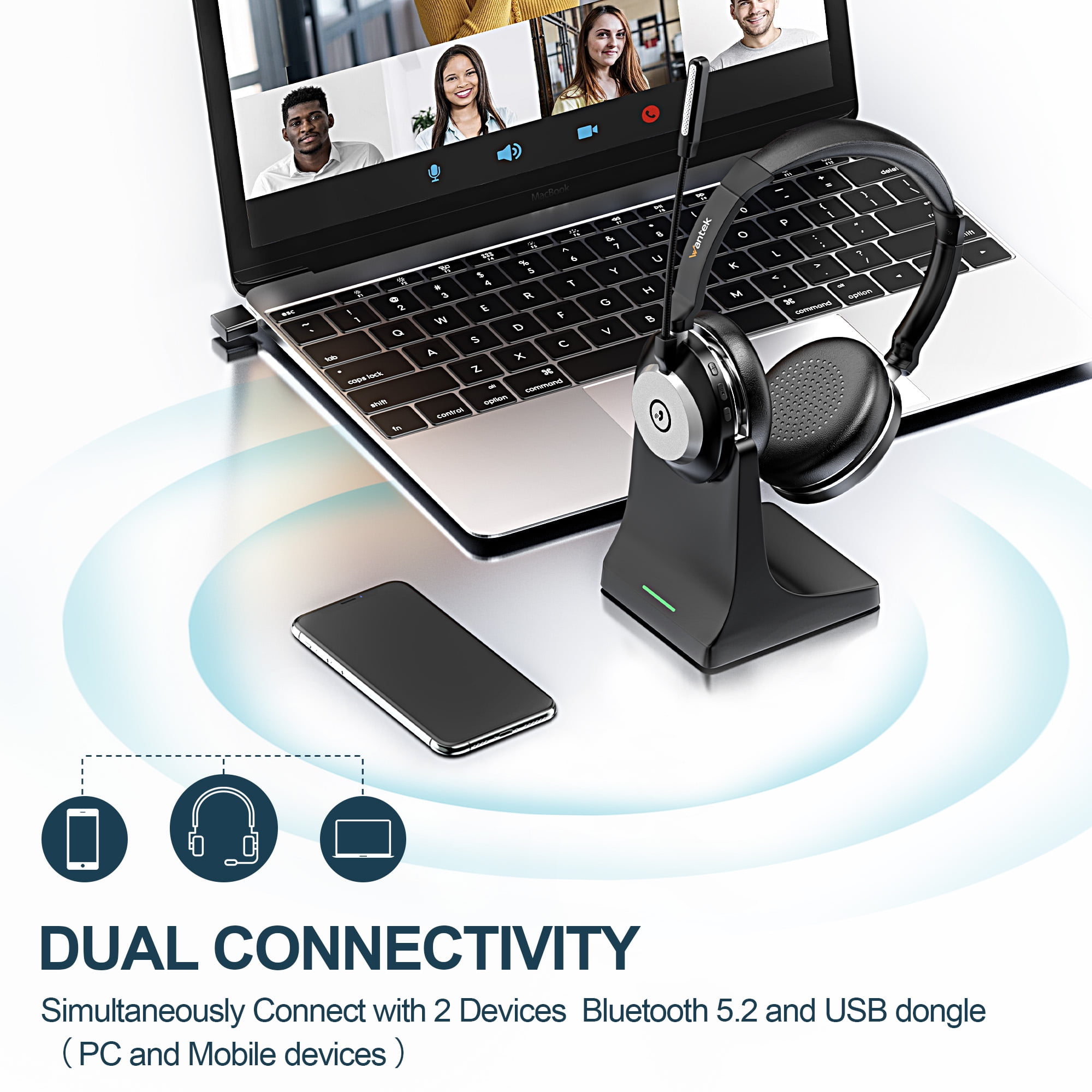 Wantek Wireless Headset with Upgraded Microphone AI Noise Canceling, Over-Ear Bluetooth Headphone with Mute for Laptops, Desktops, Cellphones