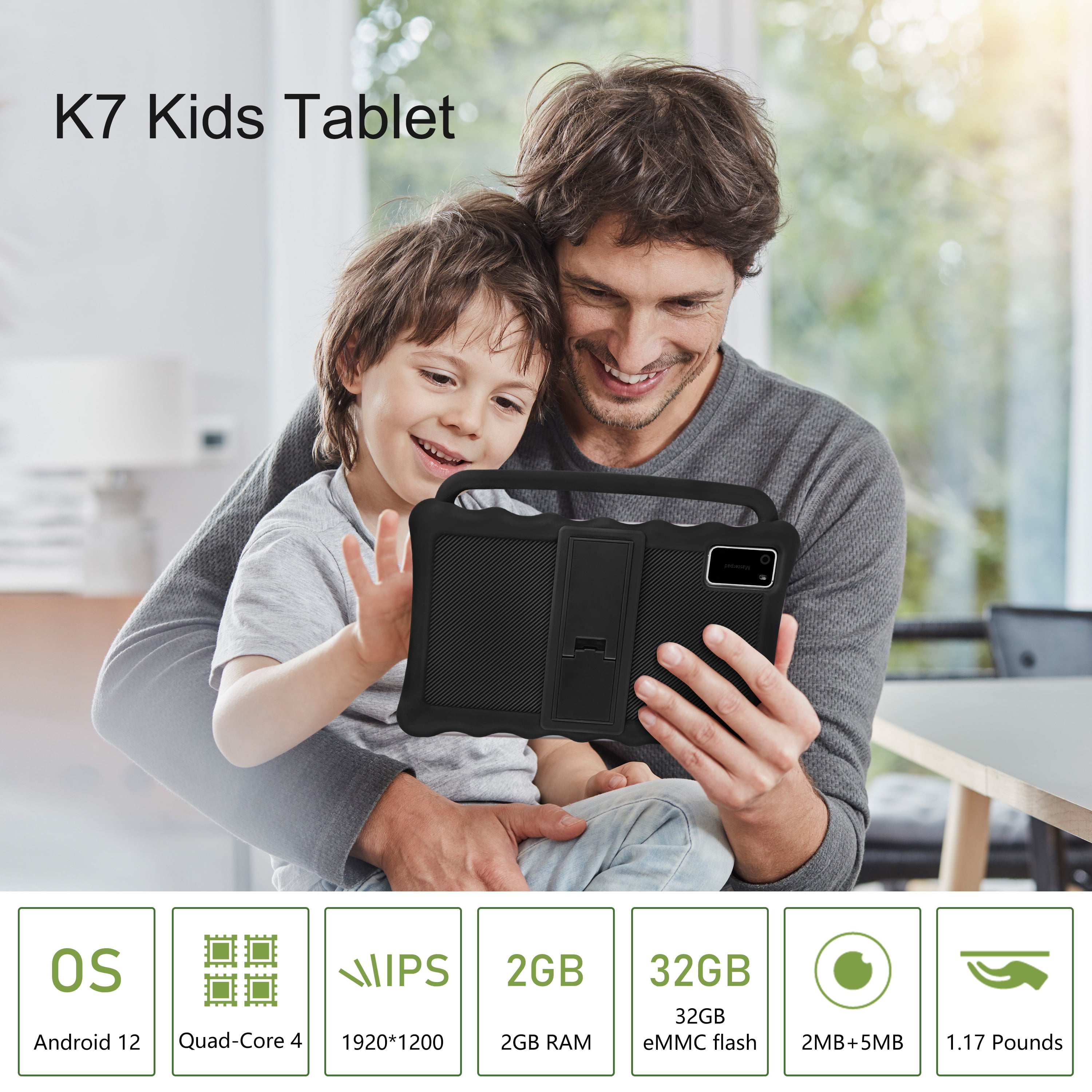 Kids Tablet, 7 Inch Tablet for Kids, Android 12 Tablet 2GB RAM+32GB Storage, Toddler Tablets with KIDOZ Parental Control App, WiFi, Bluetooth, Best Gift for Kids Learning and Playing