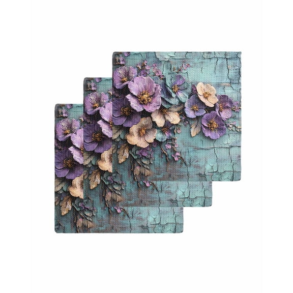Purple Spring Flowers Kitchen Dish Towels for Drying Dishes Set of 3, Retro Blue Mottled Wall Pastoral Waffle Weave Microfiber Terry Hand Tea Bathroom Towels Quick Dry & Absorbent Towel 12x12