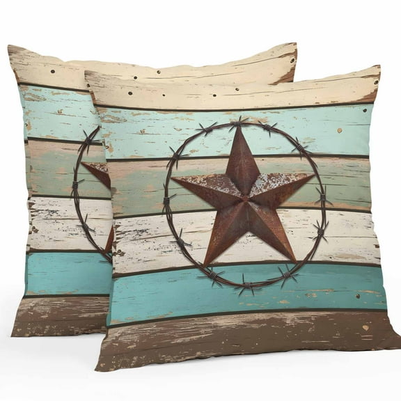 Waterproof Throw Pillow Covers Set of 2, 20x20 Inch Texas Star Western Decorative Pillowcases Outdoor Pillow Slip Cushion Covers Set for Couch Tent Vintage Teal Brown Wooden Farmhouse