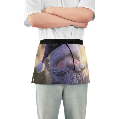 Purple Santa Claus Christmas Short Server Apron with 3 Pockets for Unisex Chef Gardening