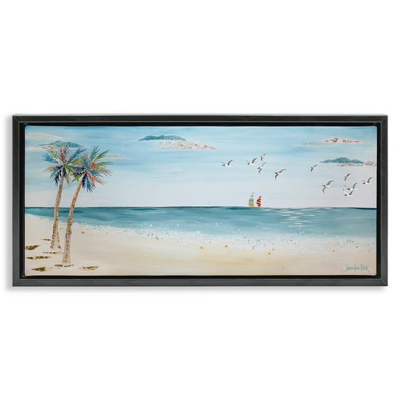 Stupell Industries Seagulls & Palm Beach Landscape Painting Black Floater Framed Canvas Art Print Wall Art, 25 x 11