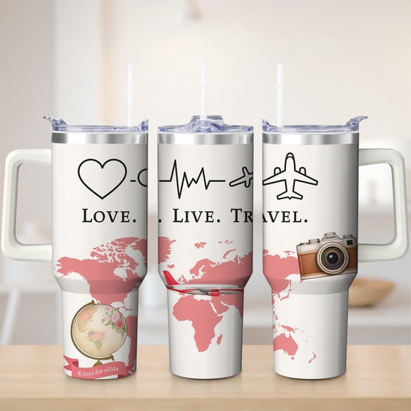 Travel World Map Stainless Steel Insulated Mug with Lid and Handle, 30oz