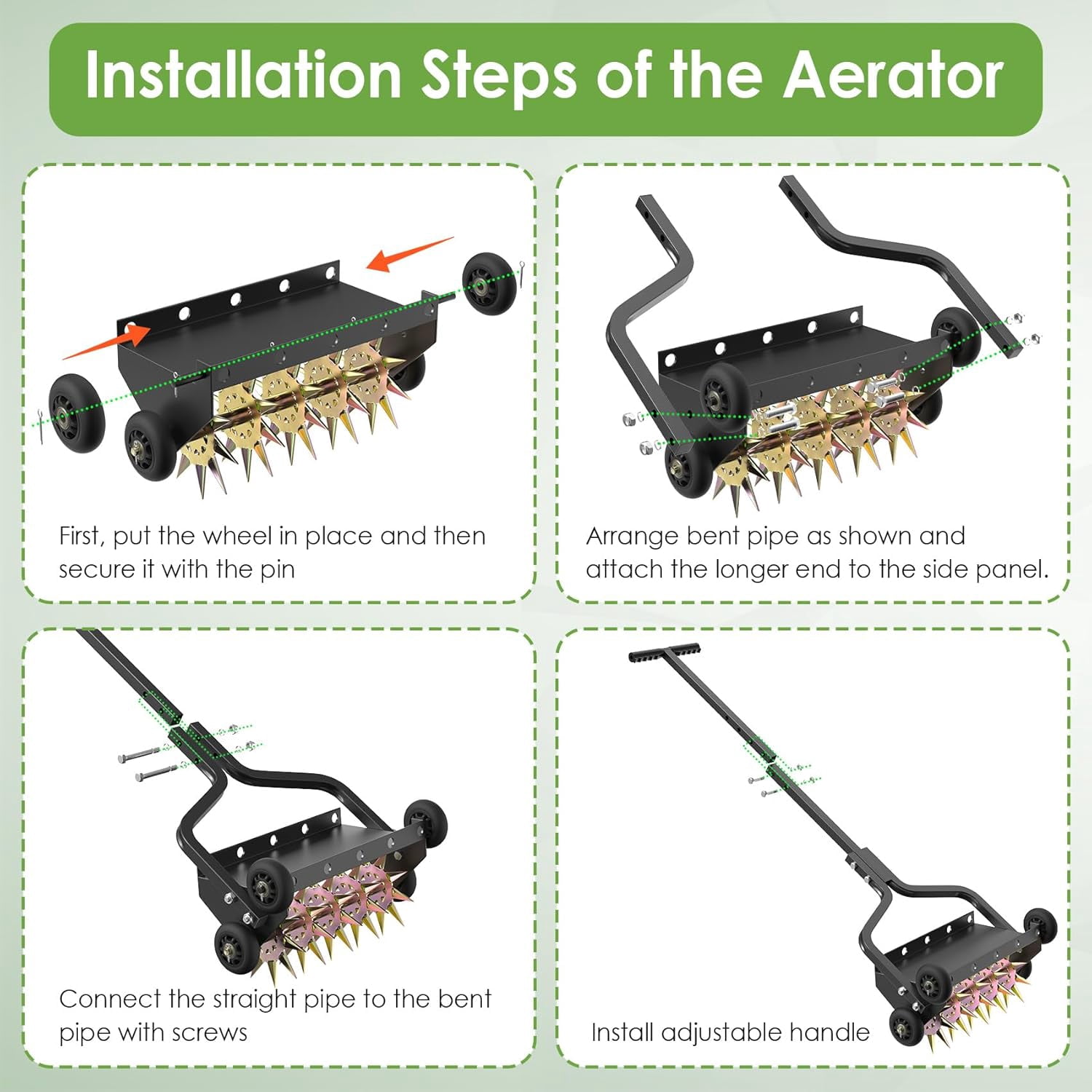 DKMOCO 18in Lawn Aerator, Upgraded Heavy Duty Manual Lawn Aerators Tool w/ 3D Steel Tines and 4 Wheels, Push Spike Aerator Suitable for Garden, Lawn and Yard
