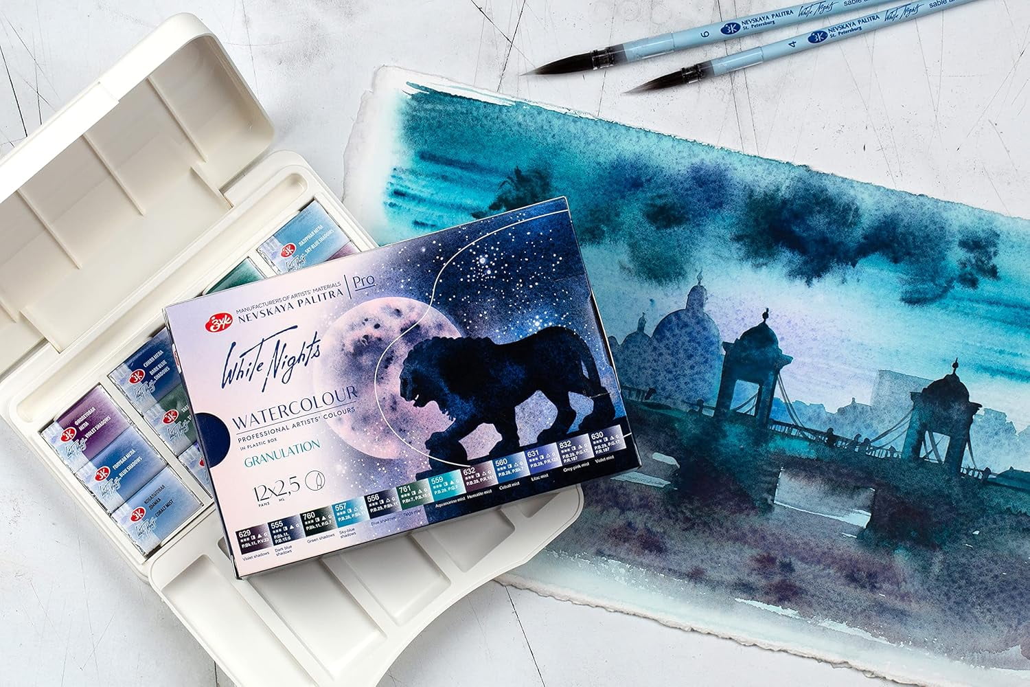 White Nights Granulating Watercolor Set 12 Full Pans of Professional Artist Grade Paints Vibrant Lightfast Colors Portable Durable Box by Nevskaya Palitra