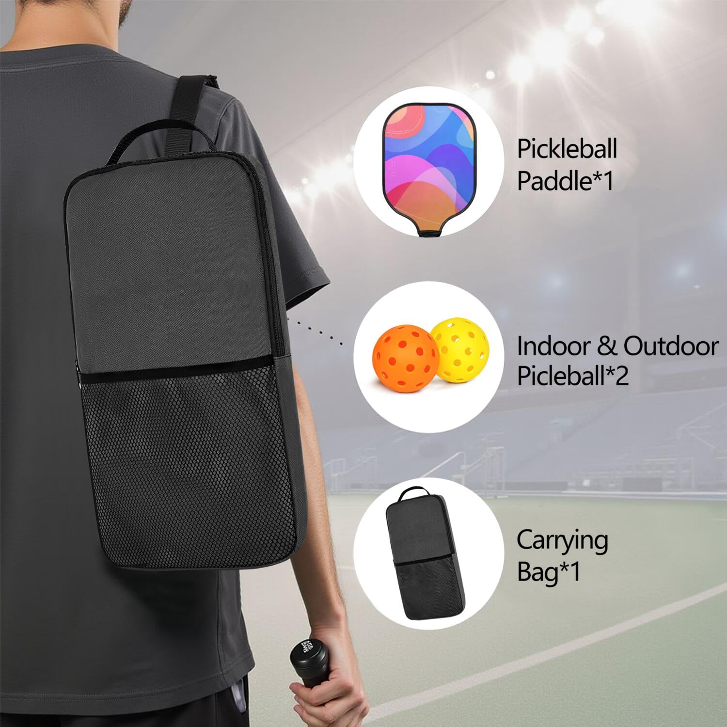 Pickleball Paddles Set Of 1, Fiberglass Surface, Neon Fluid Print, 1 Paddle, 2 Balls & Bag