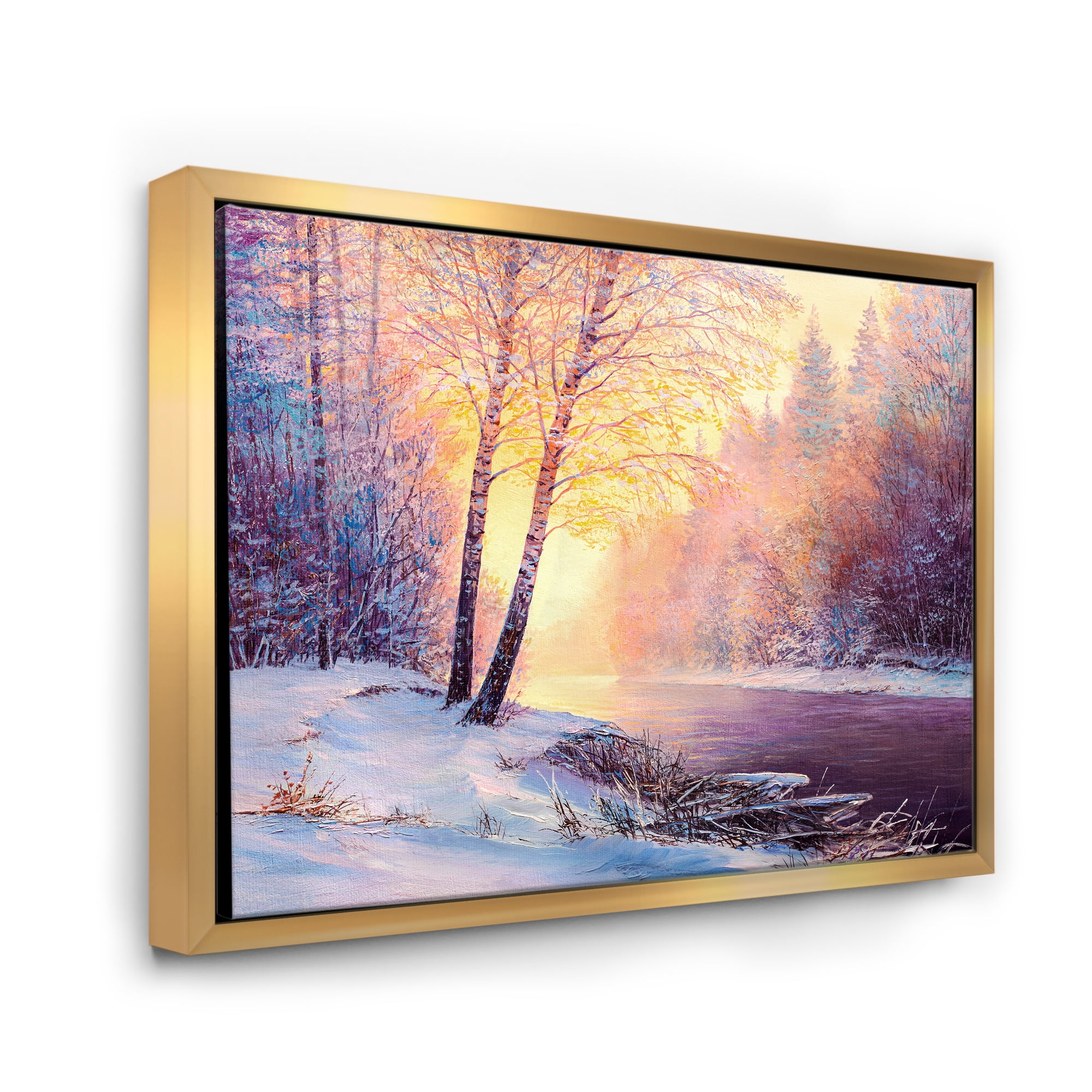 Bridge Of Meandering River With Winter Scenery II 32 in x 24 in Framed Painting Canvas Art Print, by Designart